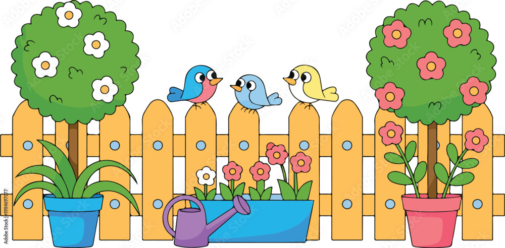 Obraz premium Spring garden flower pot vector with blooming house plants, roses, trees and watering can, outdoor village scene with fence and birds illustration