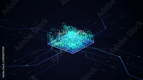 High-tech concept of an artificial intelligence microchip processing big data flows. 3D isometric view of glowing neural network circuits and binary code on a dark background for futuristic tech.