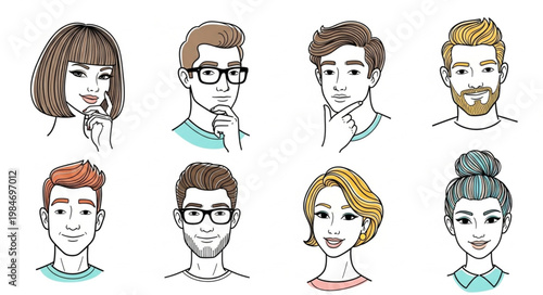 Diverse Group of People Portraits Hand Drawn Style.