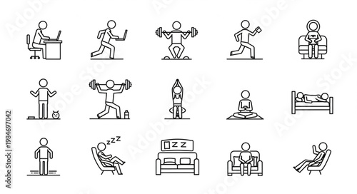 Collection of simple line art figures depicting various human activities and states.