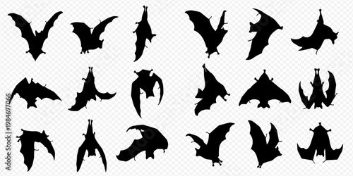 Set of various bat silhouettes in different poses, isolated on a transparent background, perfect for Halloween and spooky designs.