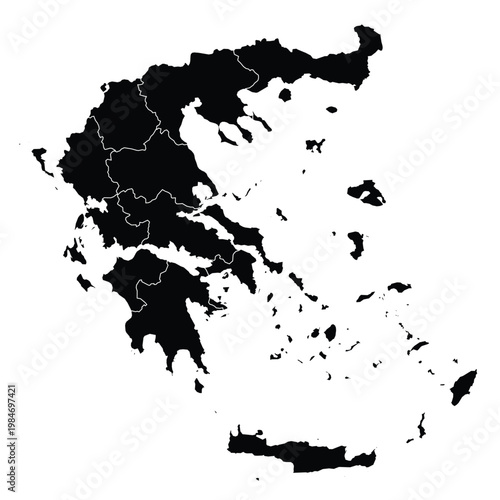Black Silhouette Map of Greece Showing Administrative Regions and Islands