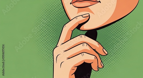Thoughtful woman with hand on chin in pop art style, expressing contemplation and curiosity. Close-up of hand and face conveys a sense of pensive emotion, suitable for funny meme pet pop art design.
