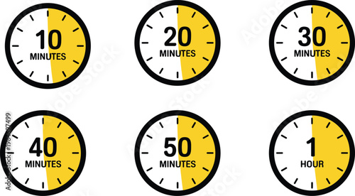 Set of clock timer icons showing various time intervals from ten minutes to one hour in flat outline style vector illustration.