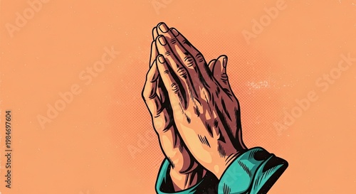 Praying hands in pop art style with vibrant orange background, hands positioned together showing devotion and spirituality. These praying hands symbolize hope and gratitude,