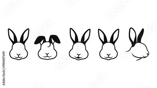 A minimalist black and white illustration depicting six different rabbit head profiles