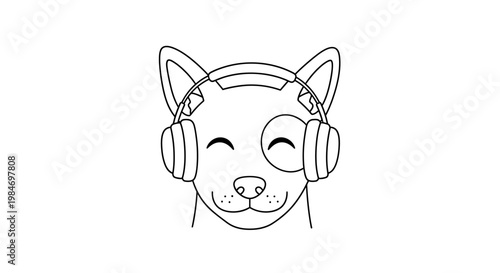 A simple black and white line drawing of a happy dog wearing headphones, with its eyes closed in enjoyment.