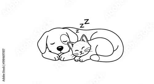 A heartwarming illustration of a puppy and a kitten sleeping peacefully together, symbolizing friendship and companionship.