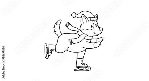 A cute cartoon dog wearing a Santa hat and scarf, ice skating with a joyful expression.