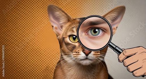 Funny meme with cat and human eye through magnifying glass showcasing playful pet humor. This interesting meme presents a cat's face blended with a human eye,