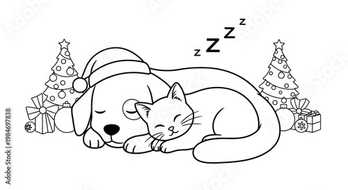 A cute dog wearing a Santa hat and a cat sleeping peacefully together surrounded by Christmas trees and gifts.