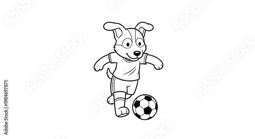 A cartoon illustration of a happy dog wearing a soccer uniform, dribbling a soccer ball with its paw.