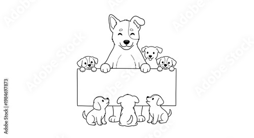 A heartwarming illustration of a mother dog with her puppies peeking over a blank sign, creating a charming and playful scene.