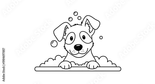 A cute cartoon dog with big eyes peeking out from a bubbly bath, looking happy and ready for a wash.