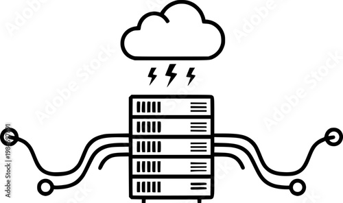 Data center hosting and network storage symbol for cloud computing and internet technology infrastructure featuring a simple black line art web server rack pictogram – Black Vector Illustration