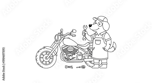 A cartoon dog dressed as a mechanic, holding a wrench and standing next to a motorcycle, with tools on the ground.