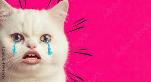Funny meme cat with pop art design, featuring white fluffy feline with exaggerated facial expression and tears on bright pink background.
