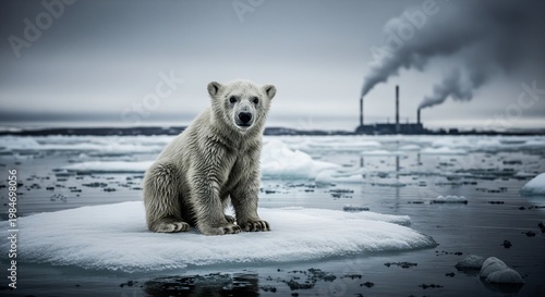 A polar bear sits on melting ice amidst Environmental Pollution from industrial smokestacks.