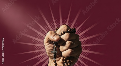 Powerful hand grasping rosary beads with dramatic background illustrating faith and spirituality. Fist holding prayer beads symbolizes strength in belief and devotion,