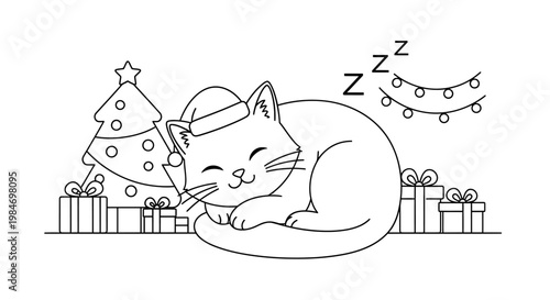 A cute, sleeping cat wearing a Santa hat, nestled amongst Christmas presents and a decorated tree, with festive lights overhead.