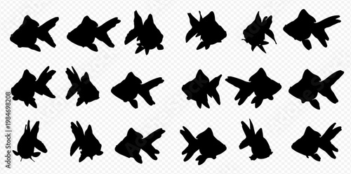 Collection of various goldfish silhouettes isolated on a transparent background, showcasing diverse aquatic forms and shapes.