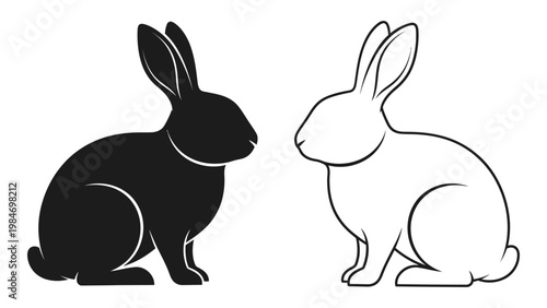Two rabbits one black and one white are depicted in a simple line art style
