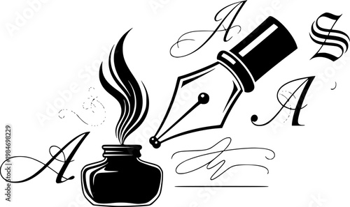 Classic writing tool and luxury stationery symbol for business signature and educational calligraphy script featuring a simple black line art fountain pen nib pictogram – Black Vector Illustration