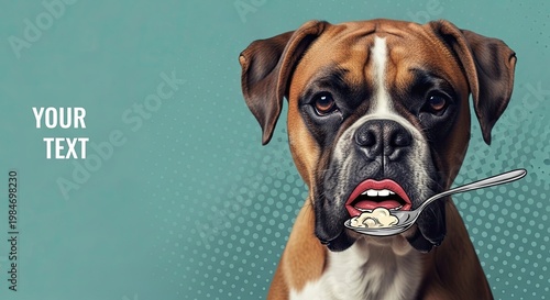 Funny meme pet design featuring a boxer dog with a spoon in mouth, humorous expression and vivid colors. This funny meme pet art captures attention for creative projects and social media content.