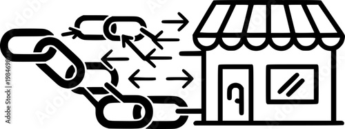 Business chain and retail branch expansion symbol for corporate networking and commercial partnership investment featuring a simple black line art franchise store pictogram – Black Vector Illustration