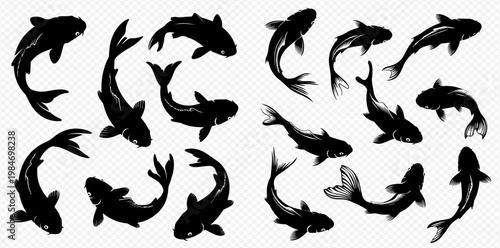 Set of black koi fish silhouettes, decorative carp in Japanese or Chinese style, isolated on transparent background.