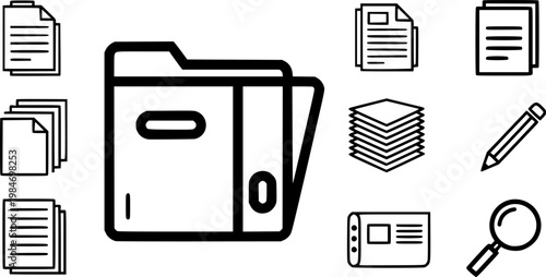 Archive storage and office document organization symbol for file management and paperwork records bookkeeping featuring a simple black line art folder box pictogram – Black Vector Illustration