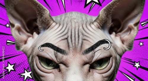 Sphynx cat portrait with exaggerated facial features in pop art style. Sphynx cat showcases unique traits with dramatic eyebrows and expressive eyes on vibrant purple background.