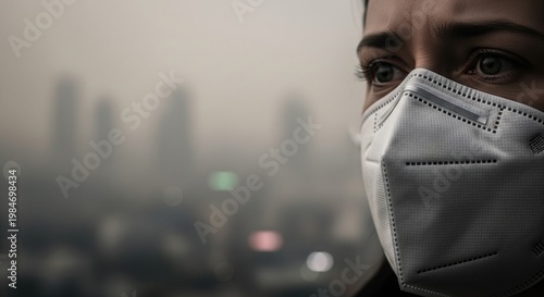 Man wearing mask faces Environmental Pollution in hazy cityscape background