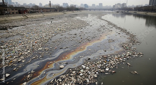 Polluted river with Environmental Pollution in urban area showing debris and waste