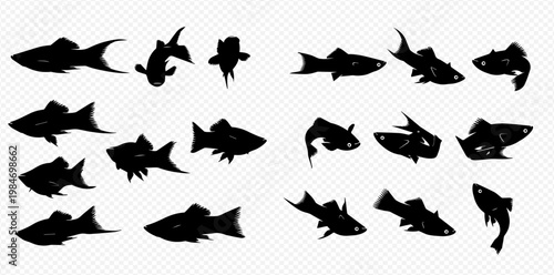 Set of black fish silhouettes in various poses, swimming and diving, isolated on a transparent background.