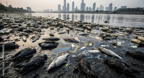 Dead fish and trash pollute a city river due to Environmental Pollution