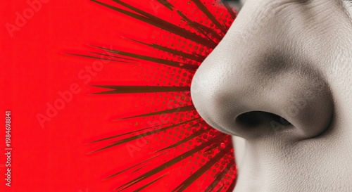 Close-up of expressive facial features on red background with dynamic lines emphasizing emotions. This image captures raw human emotion and intensity, ideal for art projects, advertising,