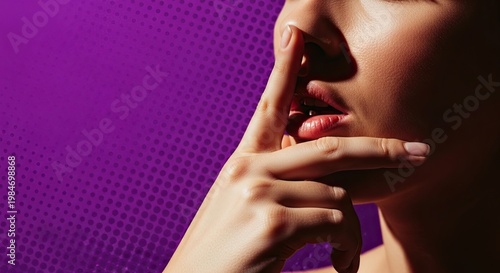 Close-up of woman with finger on lips against vibrant purple background. Intimate moment captures confidence and secrecy in expressive pose.