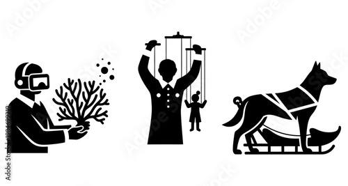 Man in VR headset holding coral with particles against white background silhouette