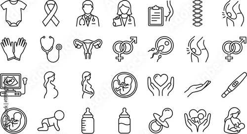 Pregnancy and Women Health Icon Set with Fertility, Baby Care, Medical Support, Motherhood, Prenatal Development, and Healthcare Line Symbols for Web and App Design