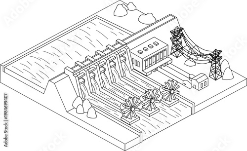 Technology dam line drawing of a hydroelectric dam with turbines for modern energy solutions, suitable for renewable energy concepts.