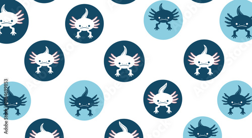 Cute Axolotl Pattern Vector Illustration Featuring Stylized Amphibian Characters in Blue Circles for Playful Textile Design and Kids Stationery Backgrounds