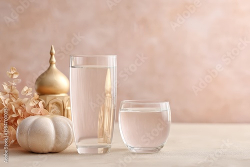 Still life water glass with decorative elements minimal scene