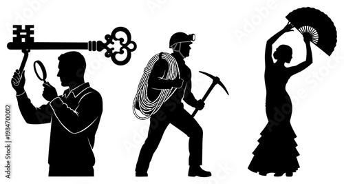 Man inspecting key with magnifying glass miner with pickaxe and rope flamenco dancer with fan silhouette