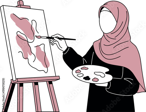 A Muslim woman in a hijab painting on an easel on transparent background