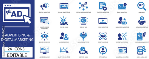 Digital Marketing Advertising SEO Campaign Vector Icon Set featuring Media,Social, Brand, Funnel, Click, Target, Lead, Strategy, Mail, Video, Conversion, Content, Agency symbols.