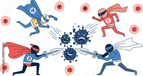 Superhero characters fighting coronavirus on transparent background