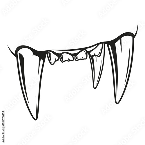 A stark black and white illustration depicting a set of sharp predatory teeth