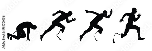 Prosthetic Runner Silhouette Sequence Falling and Rising Symbolizing Resilience and Recovery