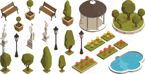 Urban park isometric landscape elements set with benches, statues, lakes and trees, modern city outdoor environment flat vector illustration isolated